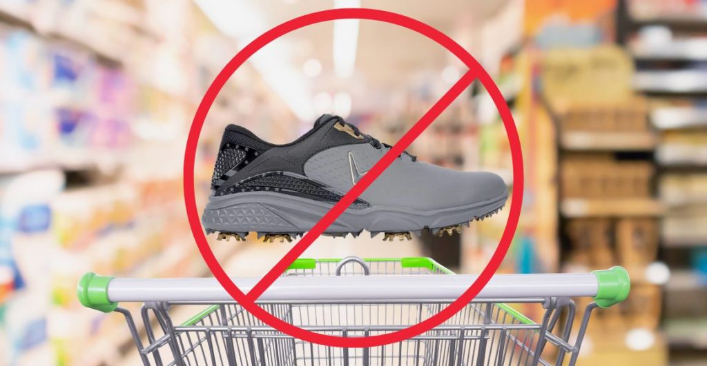 Spiked golf shoe in a super market with a cancel sign in front