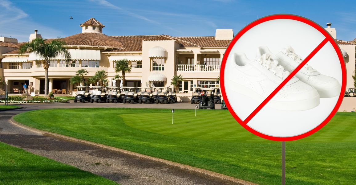 Golf course with a sign saying they don't allow sneakers