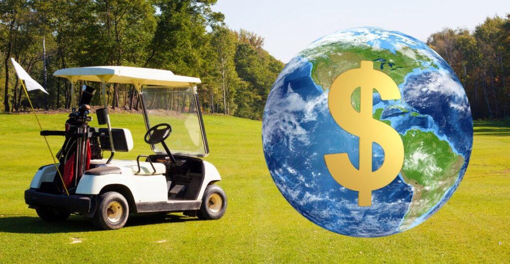 golf cart next to the planet of earth with a dollar sign on it