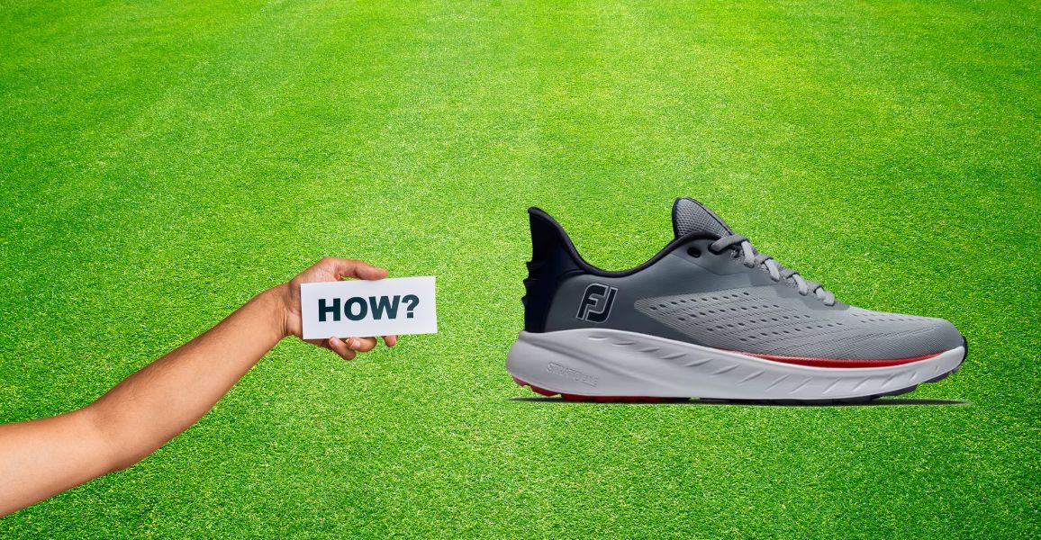 How sign and a grey golf shoes on a golf course